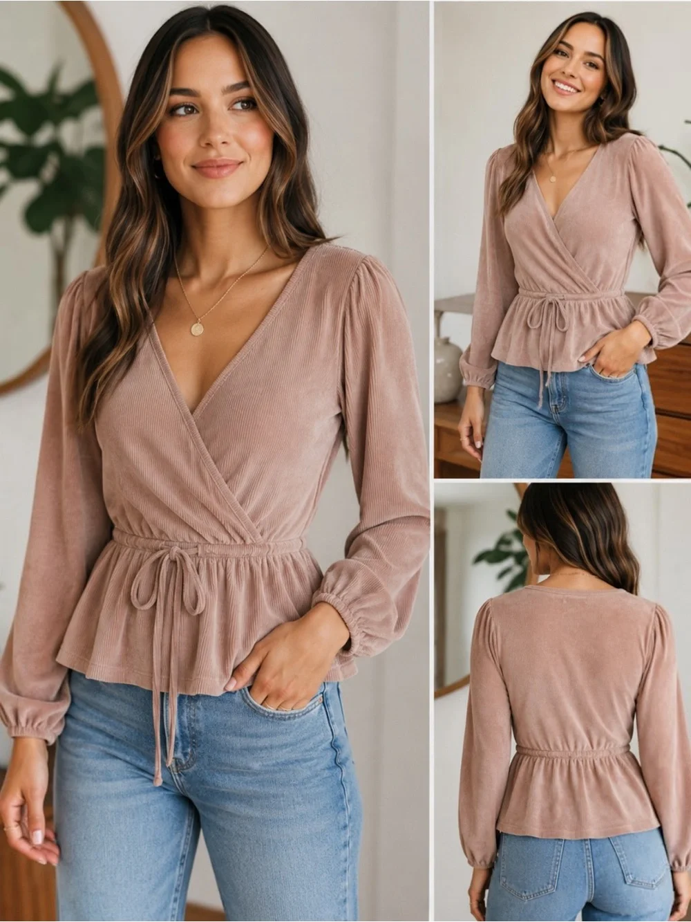 Madewell Ribbed Wrap Peplum Top L Dusty Blush Pink Tie Waist Puff Sleeve